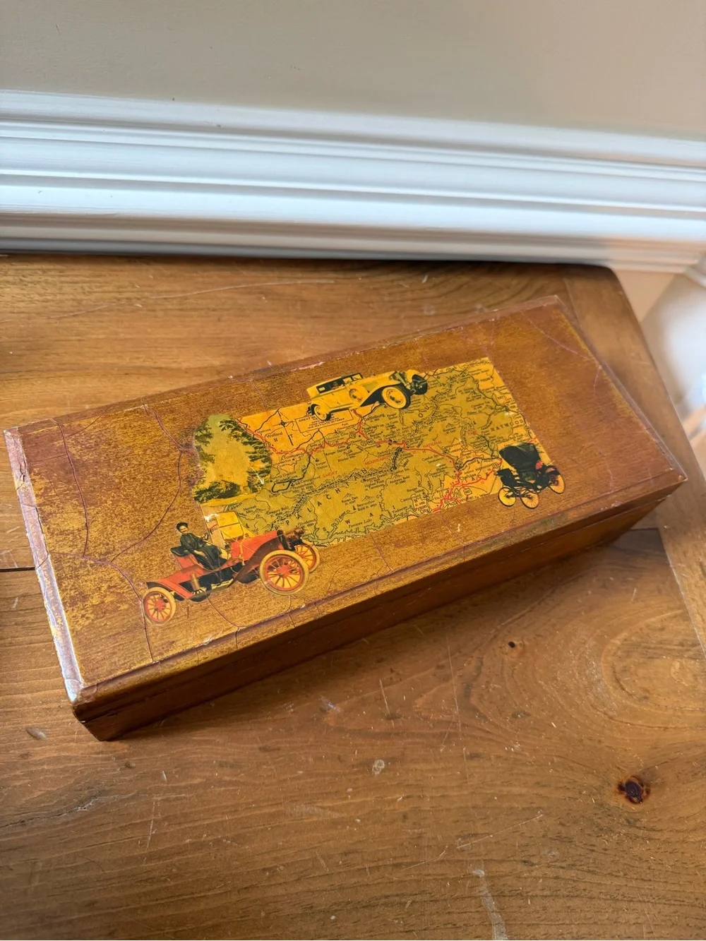 Vintage 1950s Decoupage Decorative Wooden Box with Car and Map motif